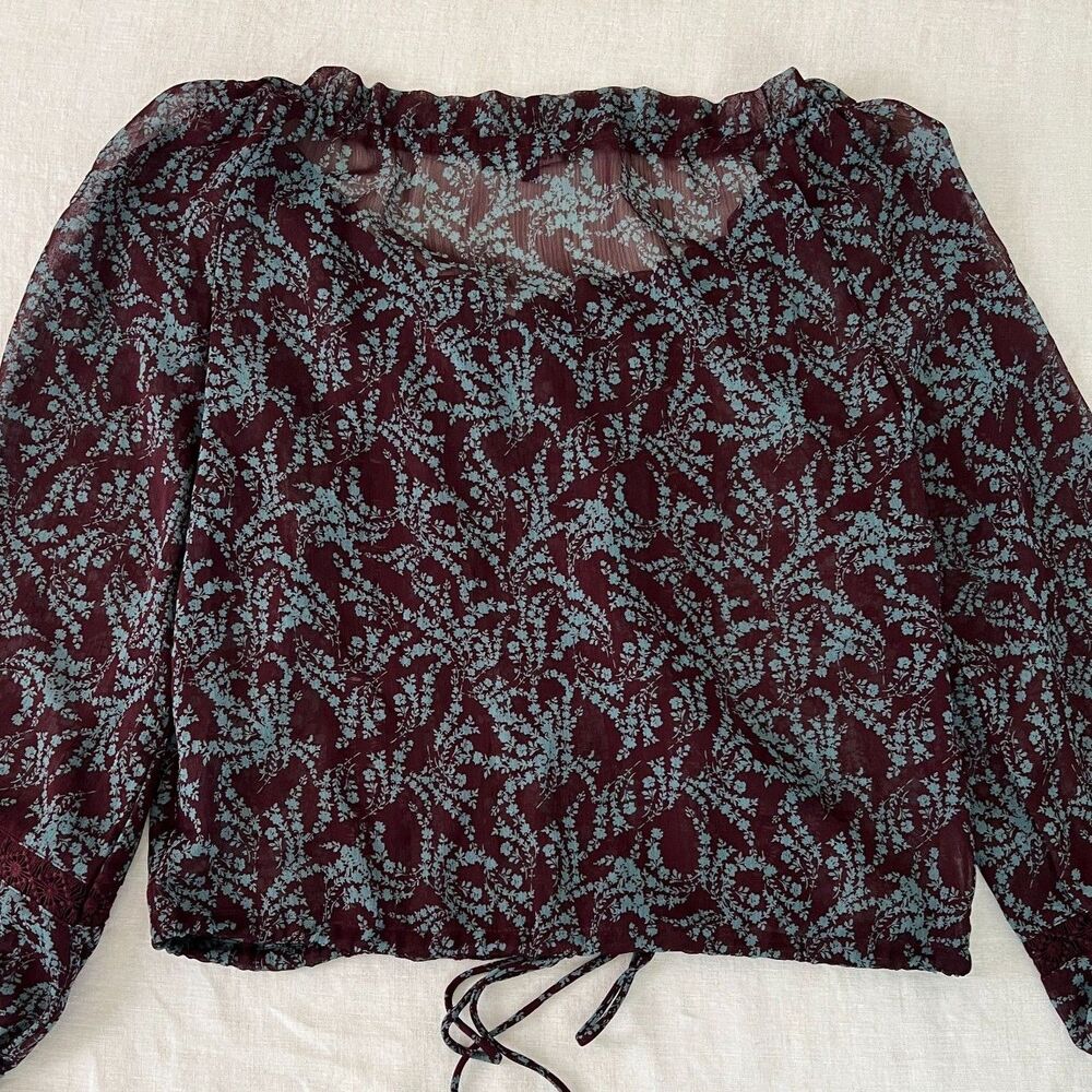 Olivaceous Burgundy Blue Floral Y2K Boho Hippie Semi-Sheer Chiffon Blouse Sz S - Picture 11 of 12